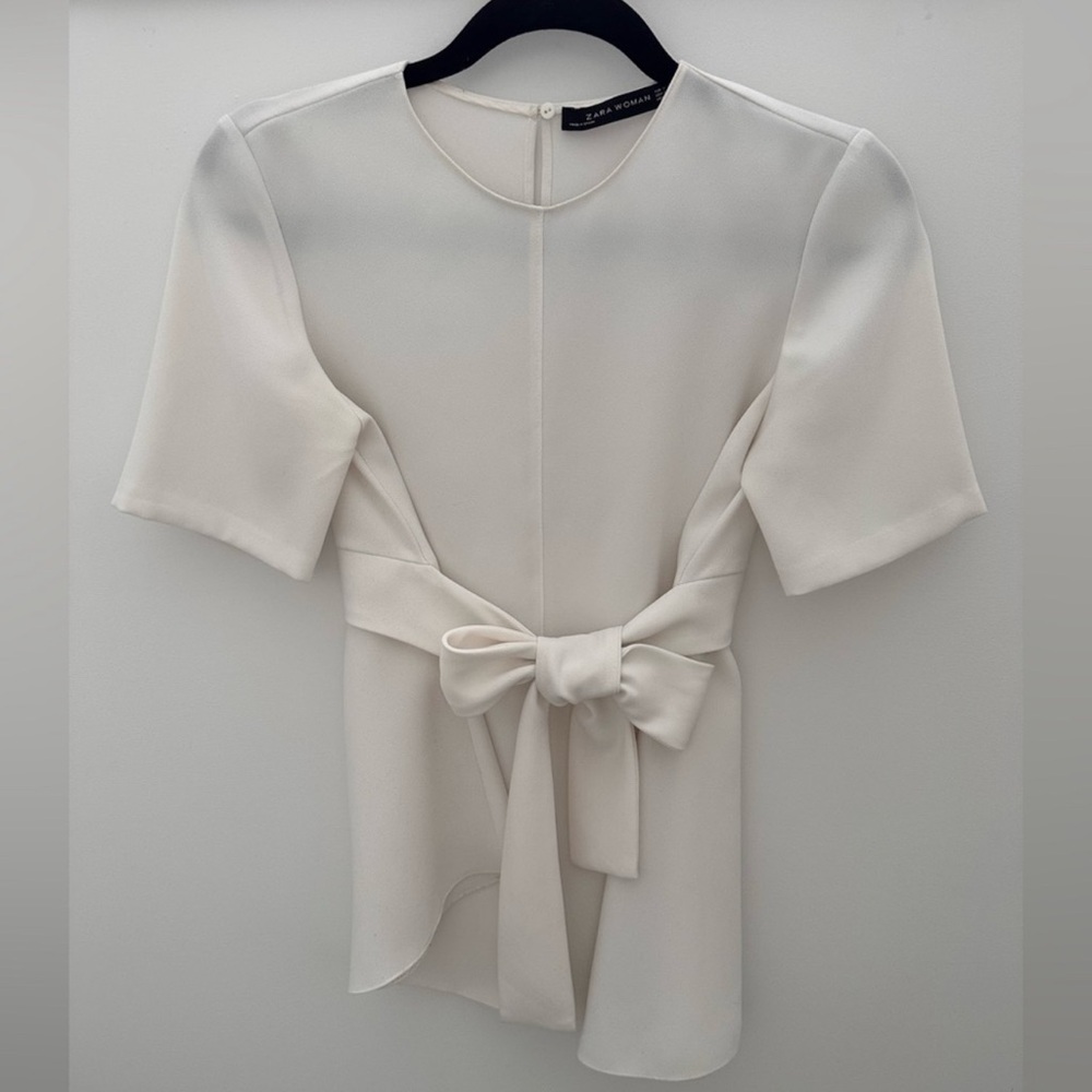 Zara White Asymmetrical Tie Front Blouse